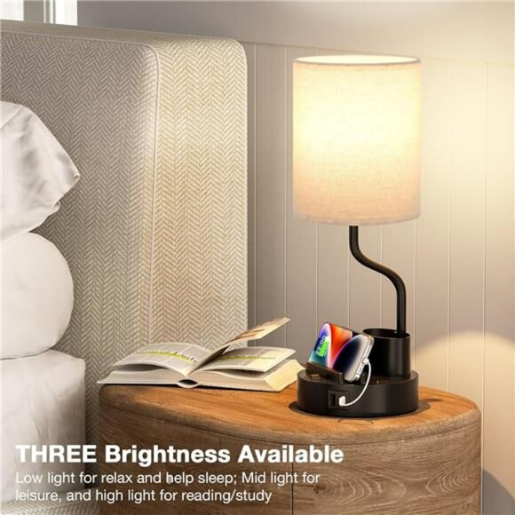 Set of 2 bedside table lamps with USB C AC outlets phone stand pen holder lighti - Picture 5 of 7